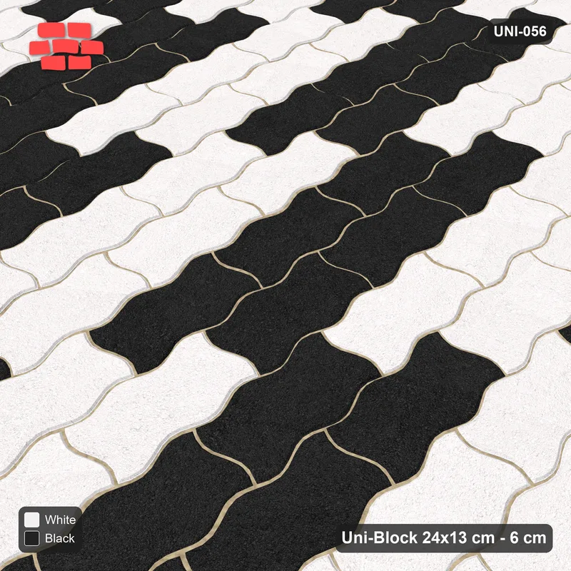 Interlock (Pasco) 24x13 cm · UNI-056 · Checkerboard of 3x2 piece blocks, quarter-turn lay, kerb frame (Contrast) · Side view Interlock (Pasco) 24x13 cm · UNI-056 · Checkerboard of 3x2 piece blocks, quarter-turn lay, kerb frame (Contrast) · Side view