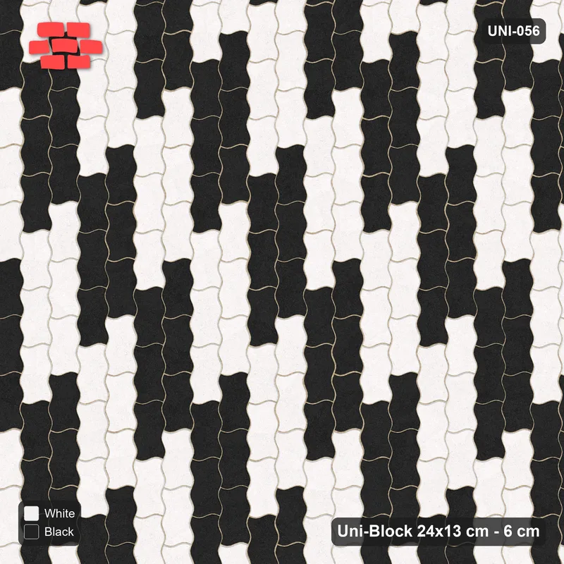 Interlock (Pasco) 24x13 cm · UNI-056 · Checkerboard of 3x2 piece blocks, quarter-turn lay, kerb frame (Contrast) · Top view Interlock (Pasco) 24x13 cm · UNI-056 · Checkerboard of 3x2 piece blocks, quarter-turn lay, kerb frame (Contrast) · Top view