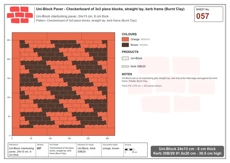 Interlock (Pasco) 24x13 cm · UNI-057 · Checkerboard of 3x3 piece blocks, straight lay, kerb frame (Burnt Clay) · Laying plan