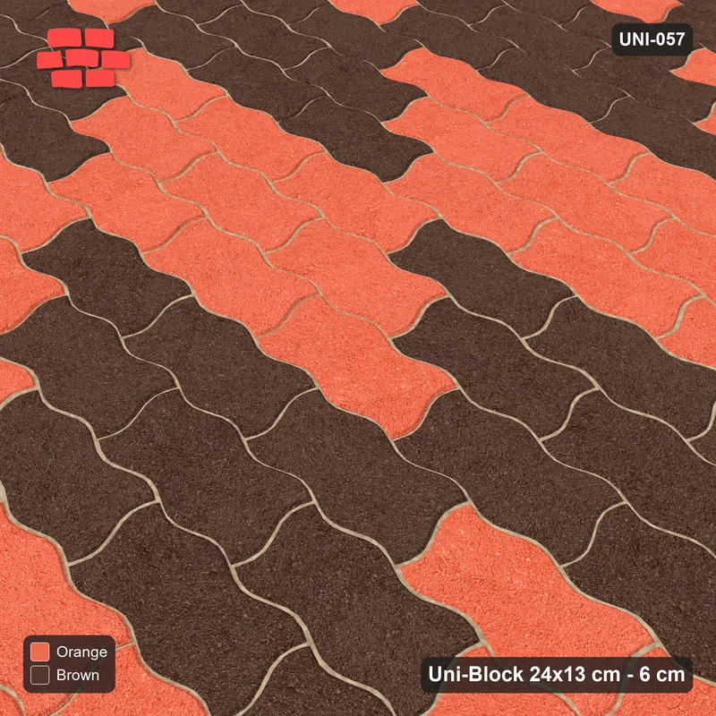 Interlock (Pasco) 24x13 cm · UNI-057 · Checkerboard of 3x3 piece blocks, straight lay, kerb frame (Burnt Clay) · Side view Interlock (Pasco) 24x13 cm · UNI-057 · Checkerboard of 3x3 piece blocks, straight lay, kerb frame (Burnt Clay) · Side view
