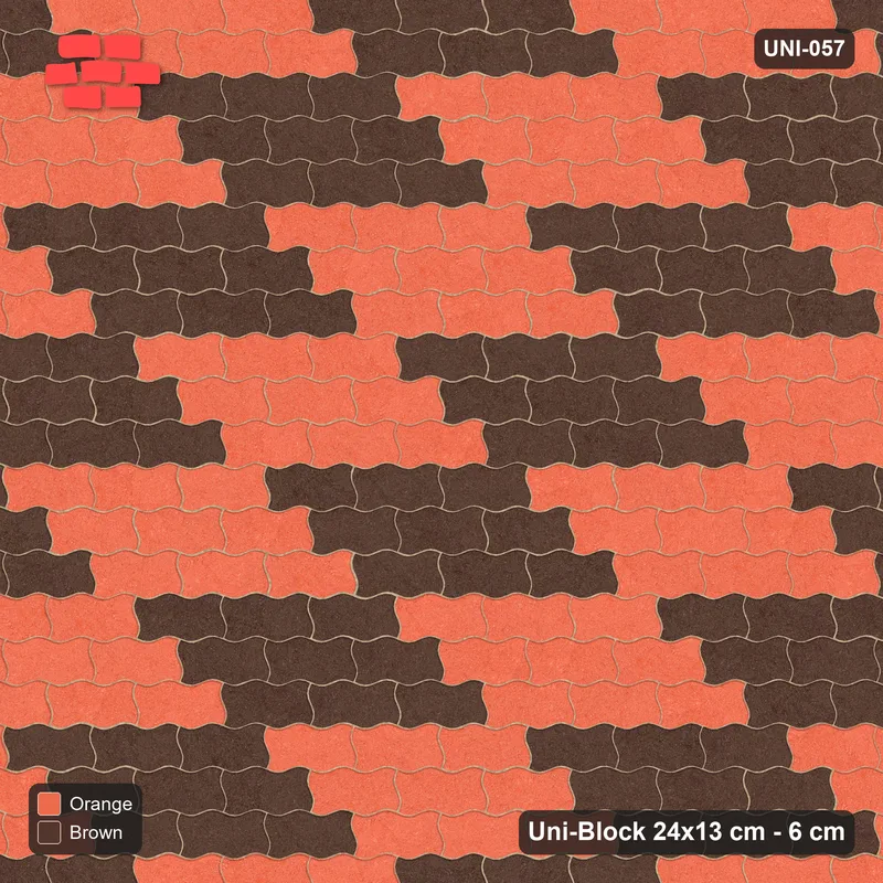 Interlock (Pasco) 24x13 cm · UNI-057 · Checkerboard of 3x3 piece blocks, straight lay, kerb frame (Burnt Clay) · Top view Interlock (Pasco) 24x13 cm · UNI-057 · Checkerboard of 3x3 piece blocks, straight lay, kerb frame (Burnt Clay) · Top view