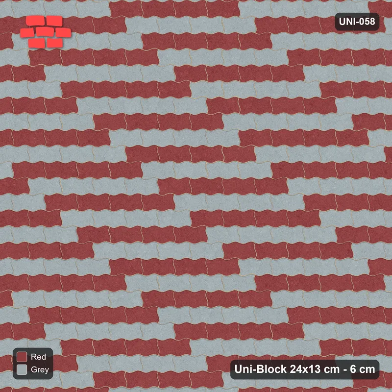 Interlock (Pasco) 24x13 cm · UNI-058 · Checkerboard of 4-piece runs, straight lay, kerb frame (Brick & Ash) · Top view Interlock (Pasco) 24x13 cm · UNI-058 · Checkerboard of 4-piece runs, straight lay, kerb frame (Brick & Ash) · Top view