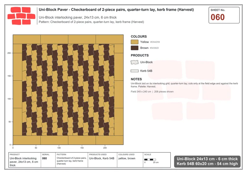 Interlock (Pasco) 24x13 cm · UNI-060 · Checkerboard of 2-piece pairs, quarter-turn lay, kerb frame (Harvest) · Laying plan