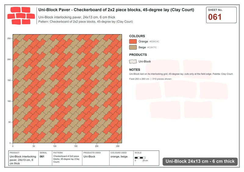 Interlock (Pasco) 24x13 cm · UNI-061 · Checkerboard of 2x2 piece blocks, 45-degree lay (Clay Court) · Laying plan