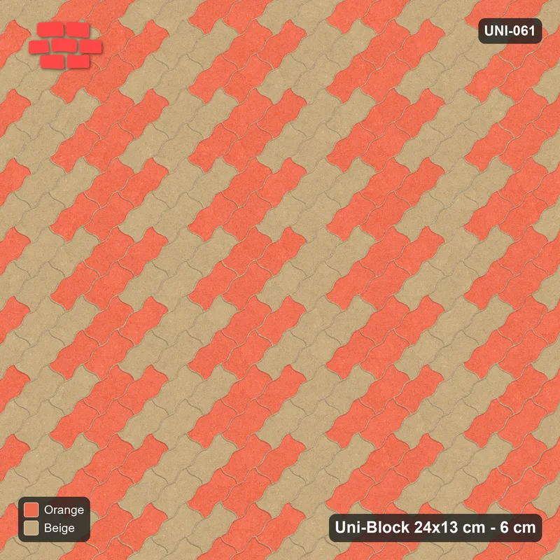 Interlock (Pasco) 24x13 cm · UNI-061 · Checkerboard of 2x2 piece blocks, 45-degree lay (Clay Court) · Top view Interlock (Pasco) 24x13 cm · UNI-061 · Checkerboard of 2x2 piece blocks, 45-degree lay (Clay Court) · Top view