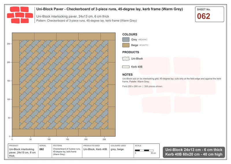 Interlock (Pasco) 24x13 cm · UNI-062 · Checkerboard of 3-piece runs, 45-degree lay, kerb frame (Warm Grey) · Laying plan