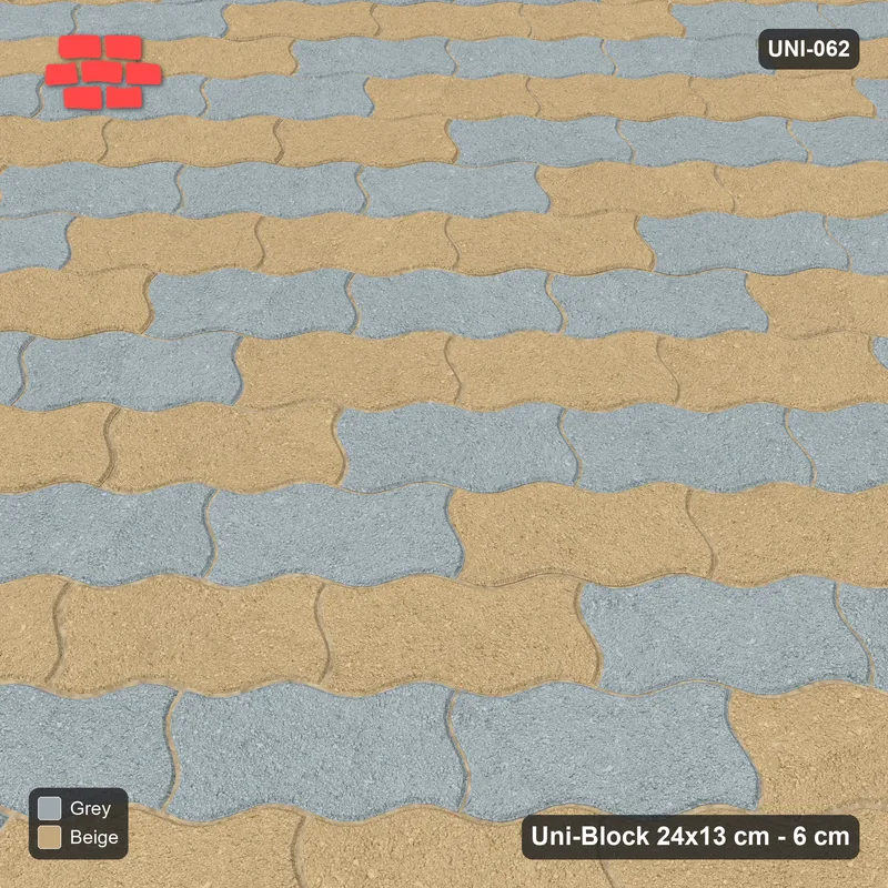 Interlock (Pasco) 24x13 cm · UNI-062 · Checkerboard of 3-piece runs, 45-degree lay, kerb frame (Warm Grey) · Side view Interlock (Pasco) 24x13 cm · UNI-062 · Checkerboard of 3-piece runs, 45-degree lay, kerb frame (Warm Grey) · Side view