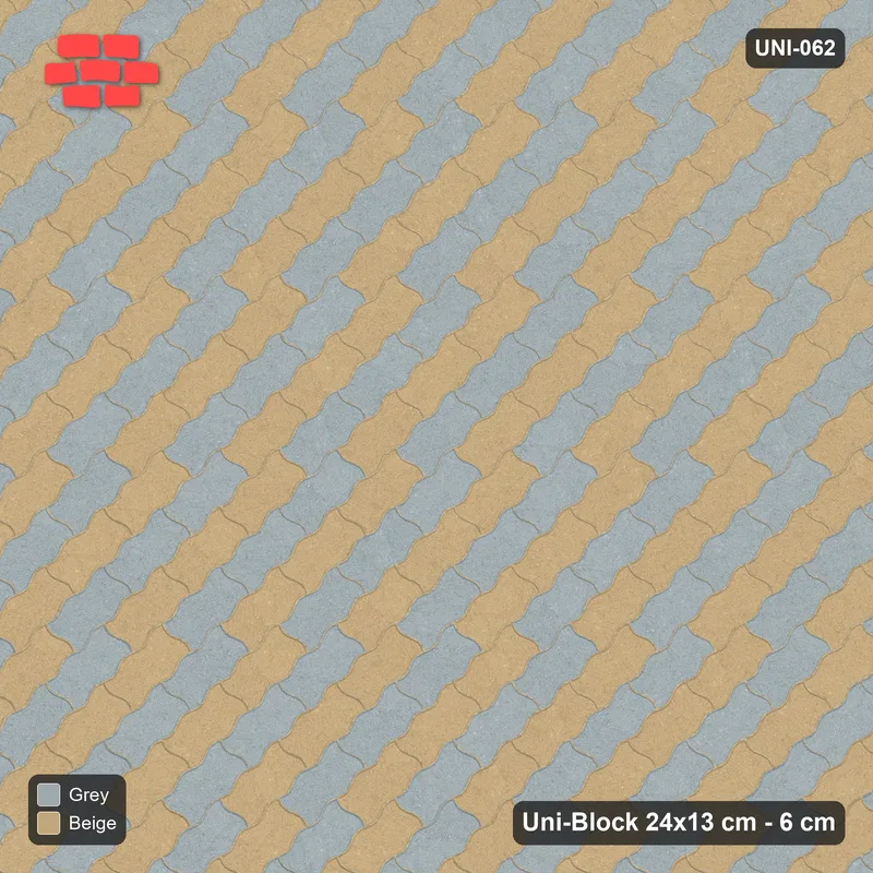 Interlock (Pasco) 24x13 cm · UNI-062 · Checkerboard of 3-piece runs, 45-degree lay, kerb frame (Warm Grey) · Top view Interlock (Pasco) 24x13 cm · UNI-062 · Checkerboard of 3-piece runs, 45-degree lay, kerb frame (Warm Grey) · Top view