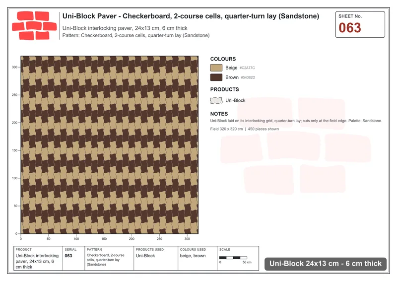 Interlock (Pasco) 24x13 cm · UNI-063 · Checkerboard, 2-course cells, quarter-turn lay (Sandstone) · Laying plan