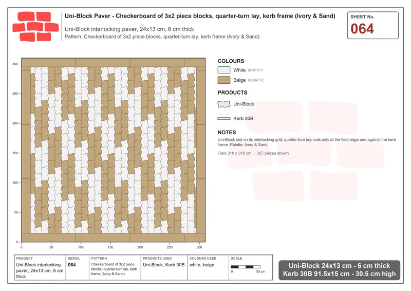 Interlock (Pasco) 24x13 cm · UNI-064 · Checkerboard of 3x2 piece blocks, quarter-turn lay, kerb frame (Ivory & Sand) · Laying plan