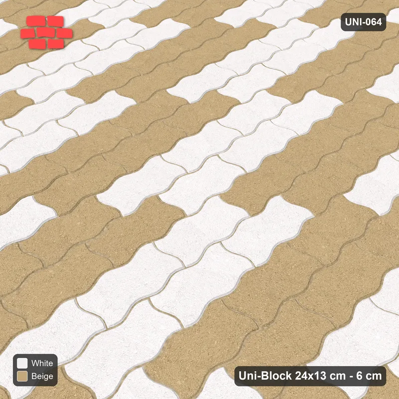 Interlock (Pasco) 24x13 cm · UNI-064 · Checkerboard of 3x2 piece blocks, quarter-turn lay, kerb frame (Ivory & Sand) · Side view Interlock (Pasco) 24x13 cm · UNI-064 · Checkerboard of 3x2 piece blocks, quarter-turn lay, kerb frame (Ivory & Sand) · Side view