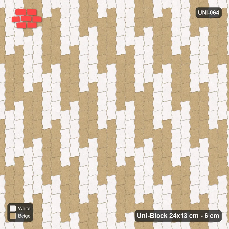 Interlock (Pasco) 24x13 cm · UNI-064 · Checkerboard of 3x2 piece blocks, quarter-turn lay, kerb frame (Ivory & Sand) · Top view Interlock (Pasco) 24x13 cm · UNI-064 · Checkerboard of 3x2 piece blocks, quarter-turn lay, kerb frame (Ivory & Sand) · Top view