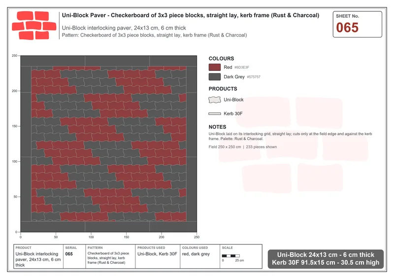 Interlock (Pasco) 24x13 cm · UNI-065 · Checkerboard of 3x3 piece blocks, straight lay, kerb frame (Rust & Charcoal) · Laying plan