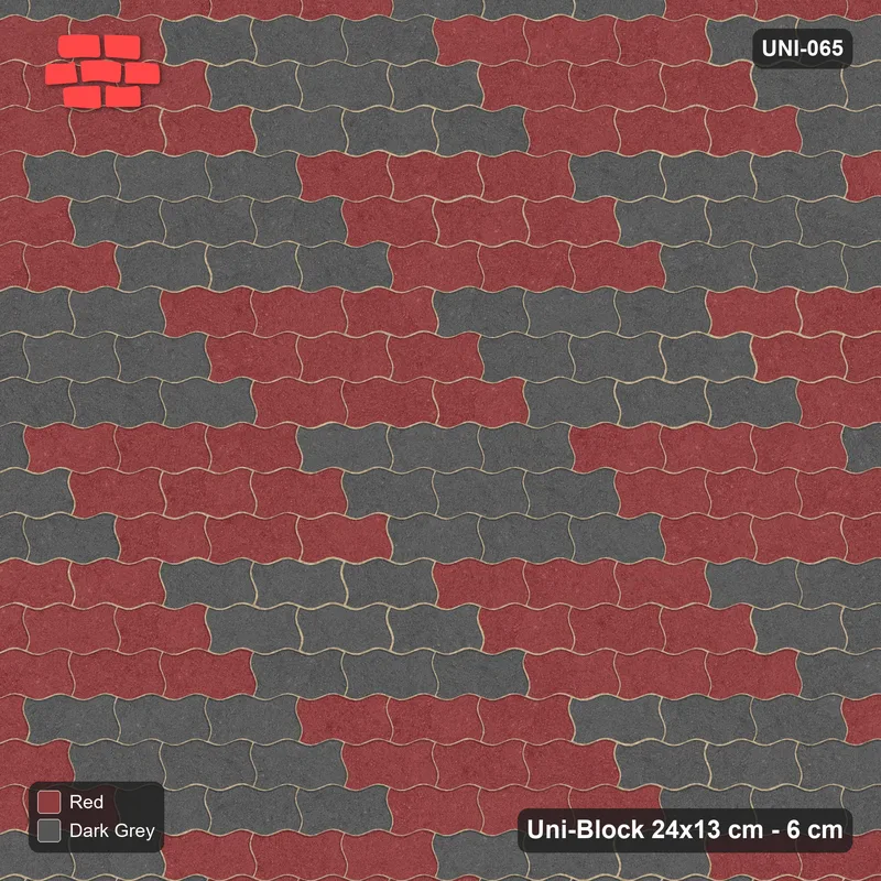 Interlock (Pasco) 24x13 cm · UNI-065 · Checkerboard of 3x3 piece blocks, straight lay, kerb frame (Rust & Charcoal) · Top view Interlock (Pasco) 24x13 cm · UNI-065 · Checkerboard of 3x3 piece blocks, straight lay, kerb frame (Rust & Charcoal) · Top view