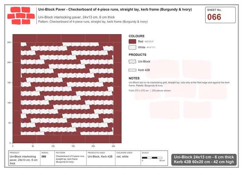 Interlock (Pasco) 24x13 cm · UNI-066 · Checkerboard of 4-piece runs, straight lay, kerb frame (Burgundy & Ivory) · Laying plan
