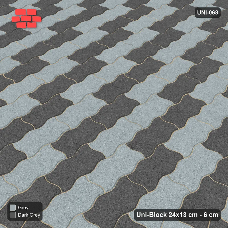 Interlock (Pasco) 24x13 cm · UNI-068 · Checkerboard of 2-piece pairs, quarter-turn lay (Charcoal Edge) · Side view Interlock (Pasco) 24x13 cm · UNI-068 · Checkerboard of 2-piece pairs, quarter-turn lay (Charcoal Edge) · Side view