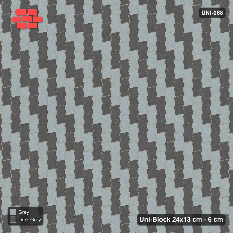 Interlock (Pasco) 24x13 cm · UNI-068 · Checkerboard of 2-piece pairs, quarter-turn lay (Charcoal Edge) · Top view Interlock (Pasco) 24x13 cm · UNI-068 · Checkerboard of 2-piece pairs, quarter-turn lay (Charcoal Edge) · Top view