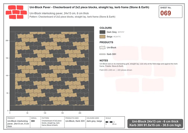 Interlock (Pasco) 24x13 cm · UNI-069 · Checkerboard of 2x2 piece blocks, straight lay, kerb frame (Stone & Earth) · Laying plan