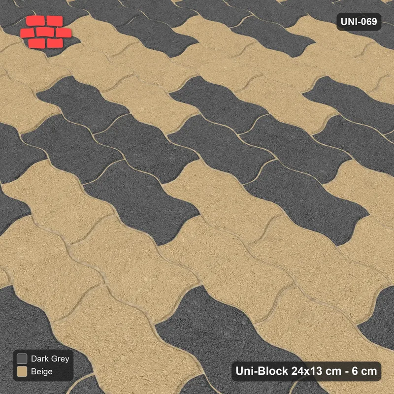 Interlock (Pasco) 24x13 cm · UNI-069 · Checkerboard of 2x2 piece blocks, straight lay, kerb frame (Stone & Earth) · Side view Interlock (Pasco) 24x13 cm · UNI-069 · Checkerboard of 2x2 piece blocks, straight lay, kerb frame (Stone & Earth) · Side view