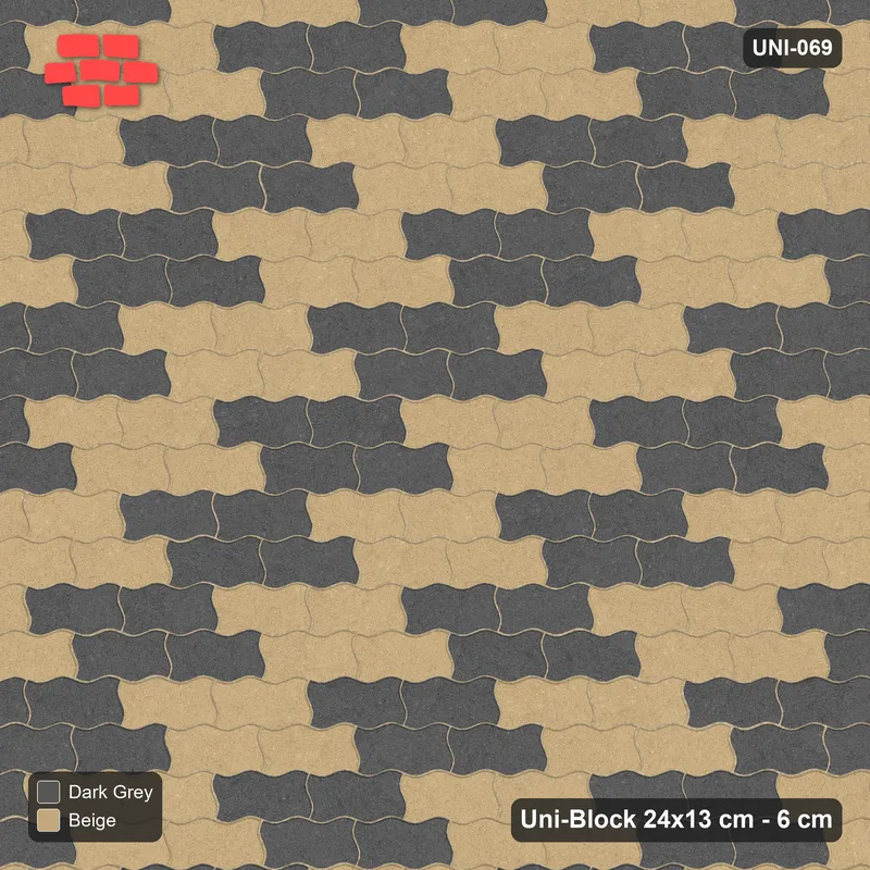 Interlock (Pasco) 24x13 cm · UNI-069 · Checkerboard of 2x2 piece blocks, straight lay, kerb frame (Stone & Earth) · Top view Interlock (Pasco) 24x13 cm · UNI-069 · Checkerboard of 2x2 piece blocks, straight lay, kerb frame (Stone & Earth) · Top view