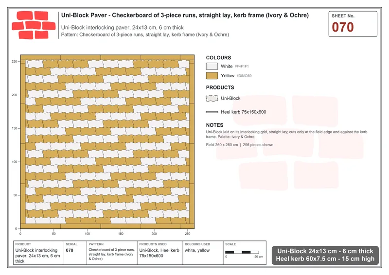 Interlock (Pasco) 24x13 cm · UNI-070 · Checkerboard of 3-piece runs, straight lay, kerb frame (Ivory & Ochre) · Laying plan