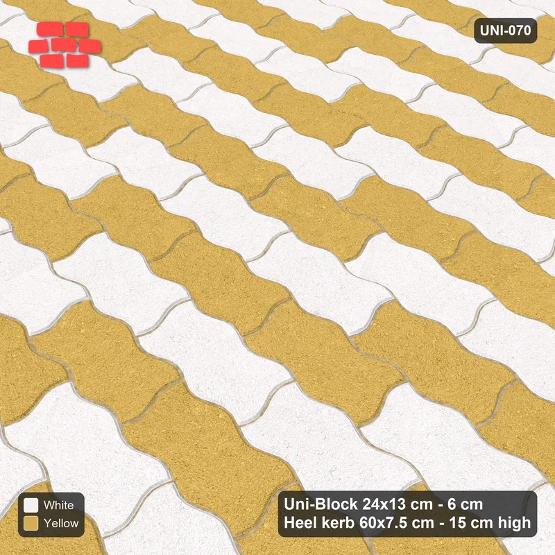 Interlock (Pasco) 24x13 cm · UNI-070 · Checkerboard of 3-piece runs, straight lay, kerb frame (Ivory & Ochre) · Side view Interlock (Pasco) 24x13 cm · UNI-070 · Checkerboard of 3-piece runs, straight lay, kerb frame (Ivory & Ochre) · Side view