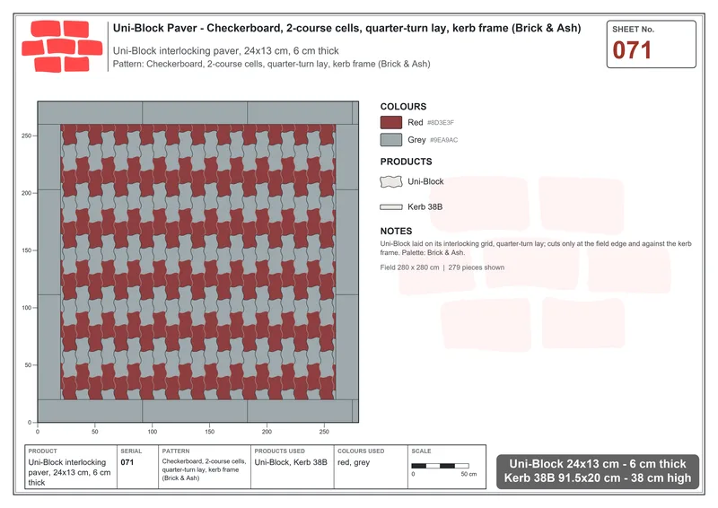 Interlock (Pasco) 24x13 cm · UNI-071 · Checkerboard, 2-course cells, quarter-turn lay, kerb frame (Brick & Ash) · Laying plan