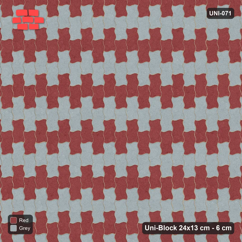 Interlock (Pasco) 24x13 cm · UNI-071 · Checkerboard, 2-course cells, quarter-turn lay, kerb frame (Brick & Ash) · Top view Interlock (Pasco) 24x13 cm · UNI-071 · Checkerboard, 2-course cells, quarter-turn lay, kerb frame (Brick & Ash) · Top view