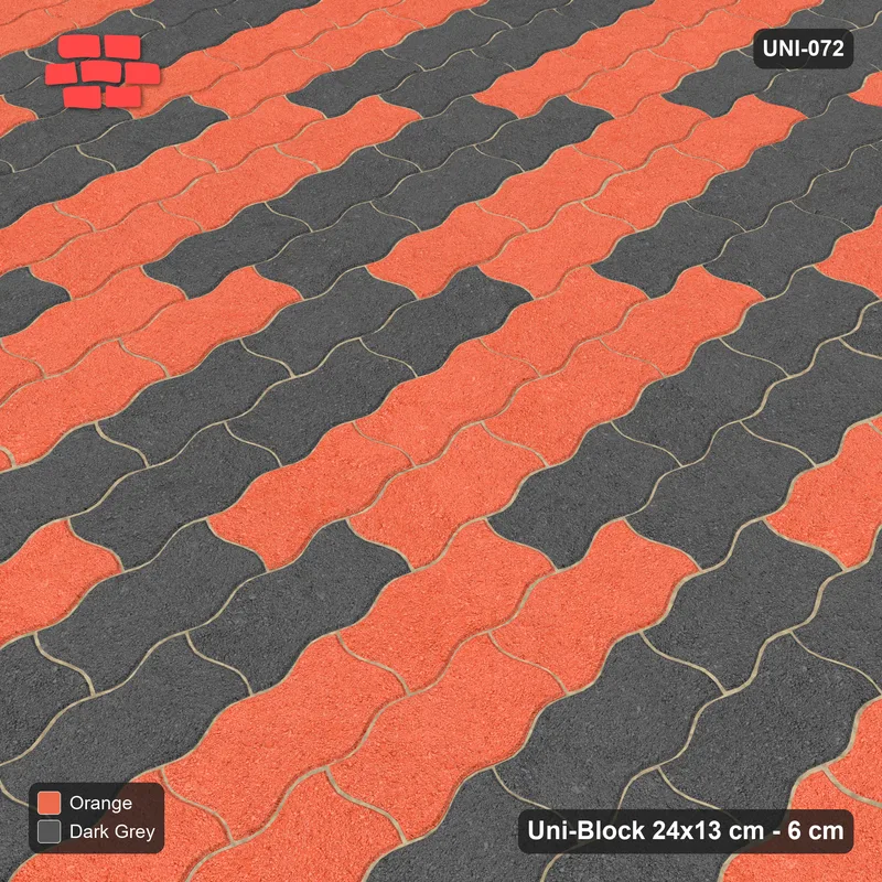 Interlock (Pasco) 24x13 cm · UNI-072 · Checkerboard of 3x2 piece blocks, quarter-turn lay, kerb frame (Ember) · Side view Interlock (Pasco) 24x13 cm · UNI-072 · Checkerboard of 3x2 piece blocks, quarter-turn lay, kerb frame (Ember) · Side view