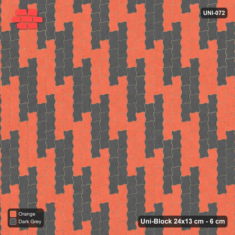 Interlock (Pasco) 24x13 cm · UNI-072 · Checkerboard of 3x2 piece blocks, quarter-turn lay, kerb frame (Ember) · Top view Interlock (Pasco) 24x13 cm · UNI-072 · Checkerboard of 3x2 piece blocks, quarter-turn lay, kerb frame (Ember) · Top view