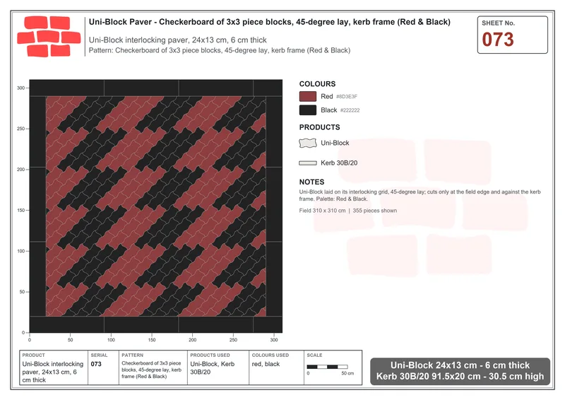 Interlock (Pasco) 24x13 cm · UNI-073 · Checkerboard of 3x3 piece blocks, 45-degree lay, kerb frame (Red & Black) · Laying plan