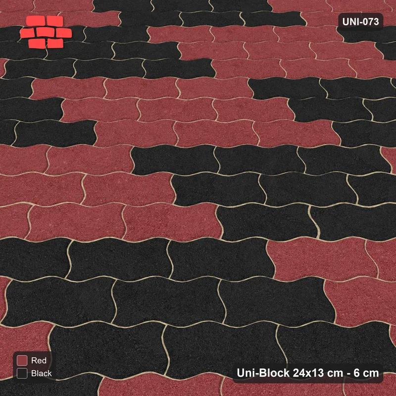 Interlock (Pasco) 24x13 cm · UNI-073 · Checkerboard of 3x3 piece blocks, 45-degree lay, kerb frame (Red & Black) · Side view Interlock (Pasco) 24x13 cm · UNI-073 · Checkerboard of 3x3 piece blocks, 45-degree lay, kerb frame (Red & Black) · Side view