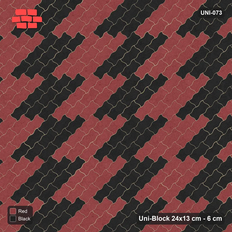 Interlock (Pasco) 24x13 cm · UNI-073 · Checkerboard of 3x3 piece blocks, 45-degree lay, kerb frame (Red & Black) · Top view Interlock (Pasco) 24x13 cm · UNI-073 · Checkerboard of 3x3 piece blocks, 45-degree lay, kerb frame (Red & Black) · Top view