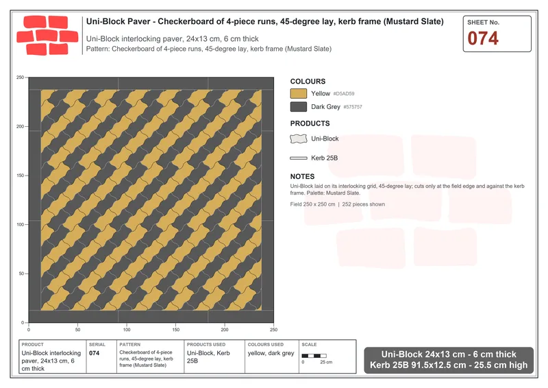 Interlock (Pasco) 24x13 cm · UNI-074 · Checkerboard of 4-piece runs, 45-degree lay, kerb frame (Mustard Slate) · Laying plan
