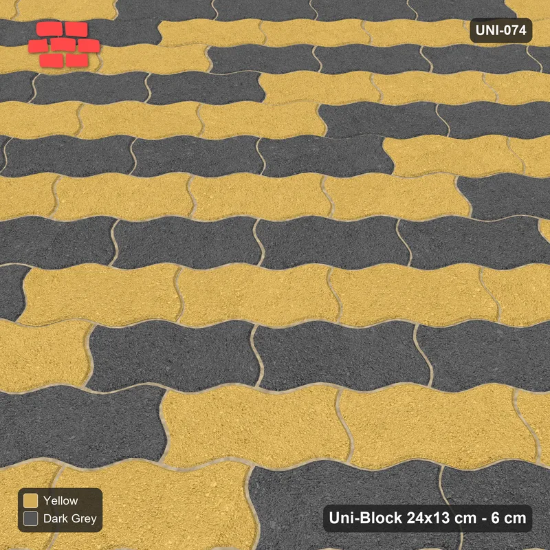 Interlock (Pasco) 24x13 cm · UNI-074 · Checkerboard of 4-piece runs, 45-degree lay, kerb frame (Mustard Slate) · Side view Interlock (Pasco) 24x13 cm · UNI-074 · Checkerboard of 4-piece runs, 45-degree lay, kerb frame (Mustard Slate) · Side view