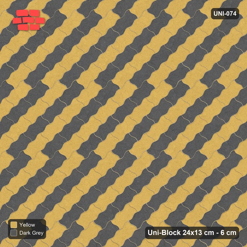 Interlock (Pasco) 24x13 cm · UNI-074 · Checkerboard of 4-piece runs, 45-degree lay, kerb frame (Mustard Slate) · Top view Interlock (Pasco) 24x13 cm · UNI-074 · Checkerboard of 4-piece runs, 45-degree lay, kerb frame (Mustard Slate) · Top view