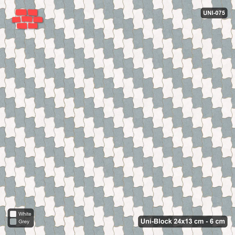 Interlock (Pasco) 24x13 cm · UNI-075 · Piece-by-piece checkerboard, quarter-turn lay (Salt & Pepper) · Top view Interlock (Pasco) 24x13 cm · UNI-075 · Piece-by-piece checkerboard, quarter-turn lay (Salt & Pepper) · Top view