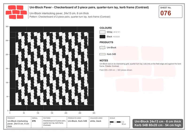 Interlock (Pasco) 24x13 cm · UNI-076 · Checkerboard of 2-piece pairs, quarter-turn lay, kerb frame (Contrast) · Laying plan