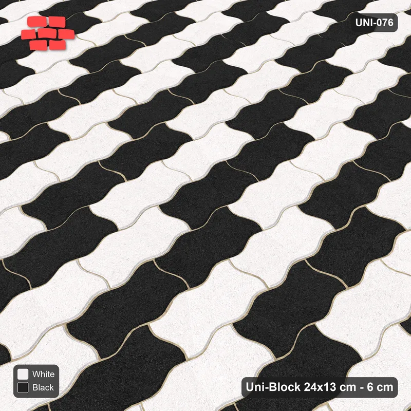 Interlock (Pasco) 24x13 cm · UNI-076 · Checkerboard of 2-piece pairs, quarter-turn lay, kerb frame (Contrast) · Side view Interlock (Pasco) 24x13 cm · UNI-076 · Checkerboard of 2-piece pairs, quarter-turn lay, kerb frame (Contrast) · Side view