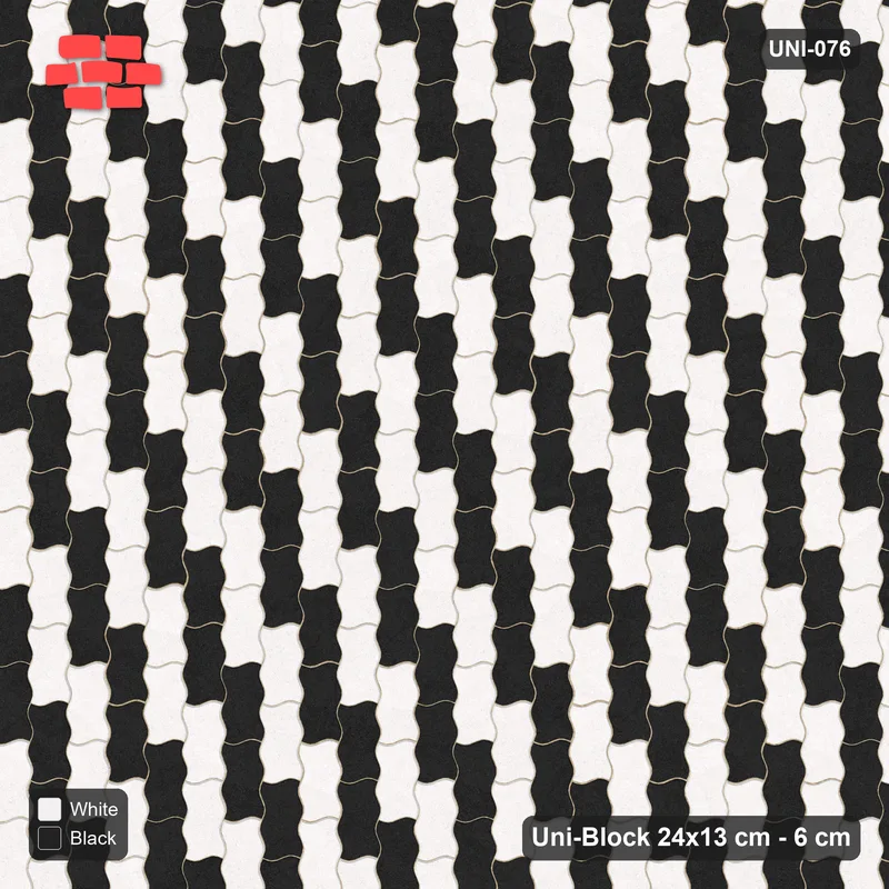 Interlock (Pasco) 24x13 cm · UNI-076 · Checkerboard of 2-piece pairs, quarter-turn lay, kerb frame (Contrast) · Top view Interlock (Pasco) 24x13 cm · UNI-076 · Checkerboard of 2-piece pairs, quarter-turn lay, kerb frame (Contrast) · Top view