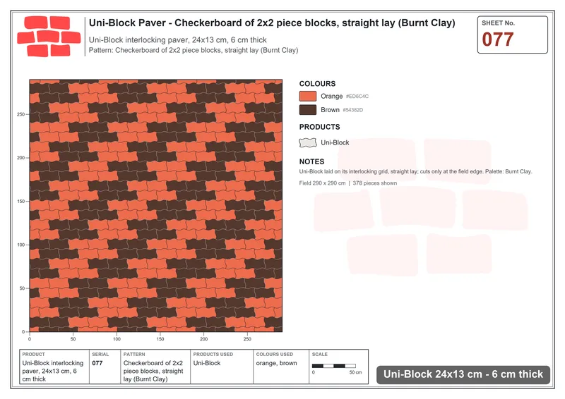 Interlock (Pasco) 24x13 cm · UNI-077 · Checkerboard of 2x2 piece blocks, straight lay (Burnt Clay) · Laying plan
