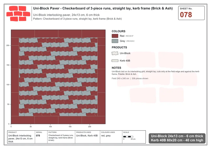 Interlock (Pasco) 24x13 cm · UNI-078 · Checkerboard of 3-piece runs, straight lay, kerb frame (Brick & Ash) · Laying plan