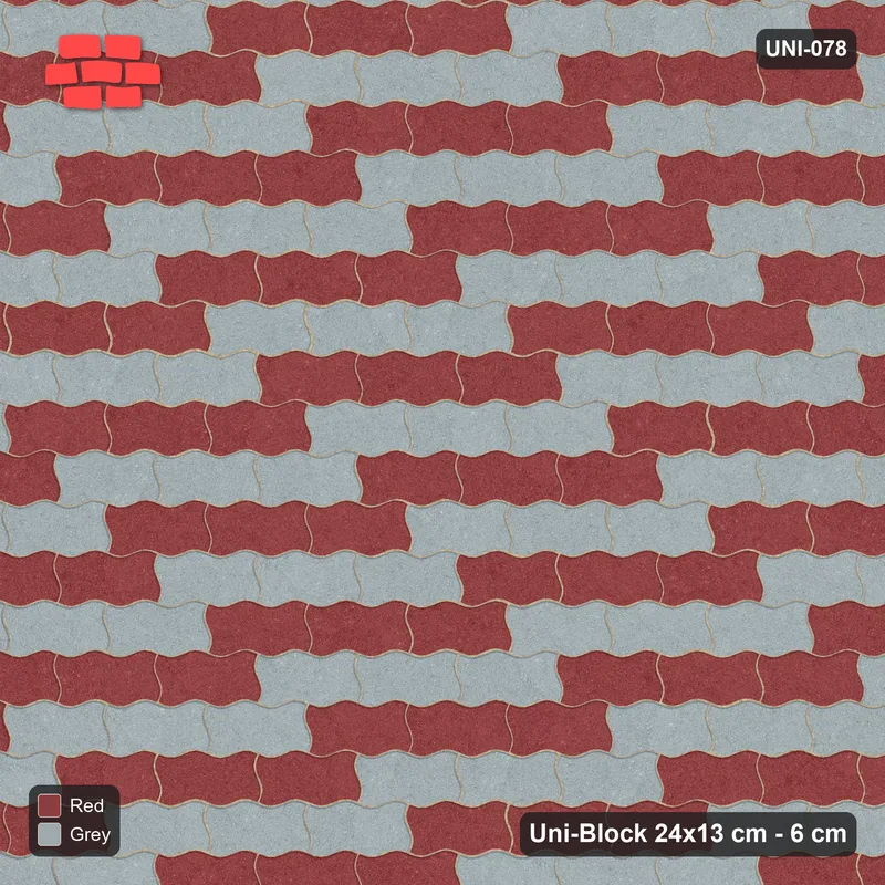 Interlock (Pasco) 24x13 cm · UNI-078 · Checkerboard of 3-piece runs, straight lay, kerb frame (Brick & Ash) · Top view Interlock (Pasco) 24x13 cm · UNI-078 · Checkerboard of 3-piece runs, straight lay, kerb frame (Brick & Ash) · Top view