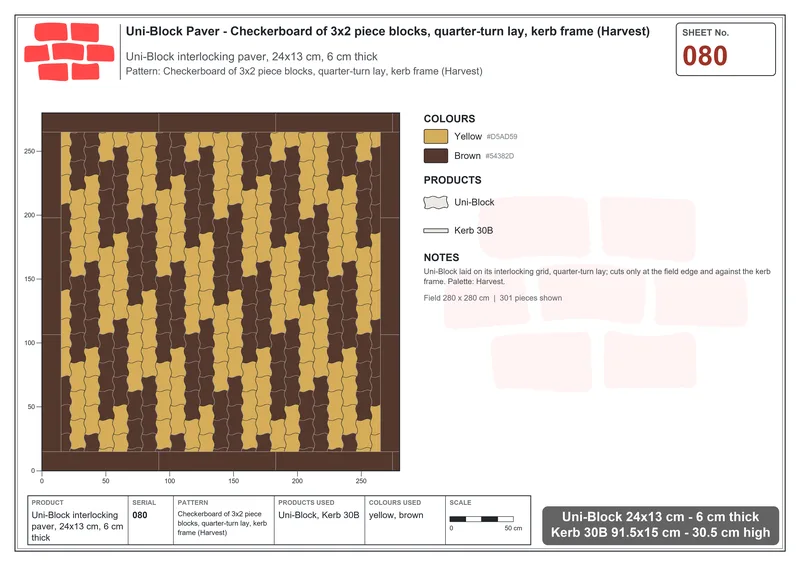 Interlock (Pasco) 24x13 cm · UNI-080 · Checkerboard of 3x2 piece blocks, quarter-turn lay, kerb frame (Harvest) · Laying plan