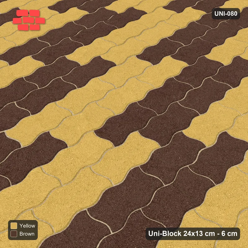 Interlock (Pasco) 24x13 cm · UNI-080 · Checkerboard of 3x2 piece blocks, quarter-turn lay, kerb frame (Harvest) · Side view Interlock (Pasco) 24x13 cm · UNI-080 · Checkerboard of 3x2 piece blocks, quarter-turn lay, kerb frame (Harvest) · Side view