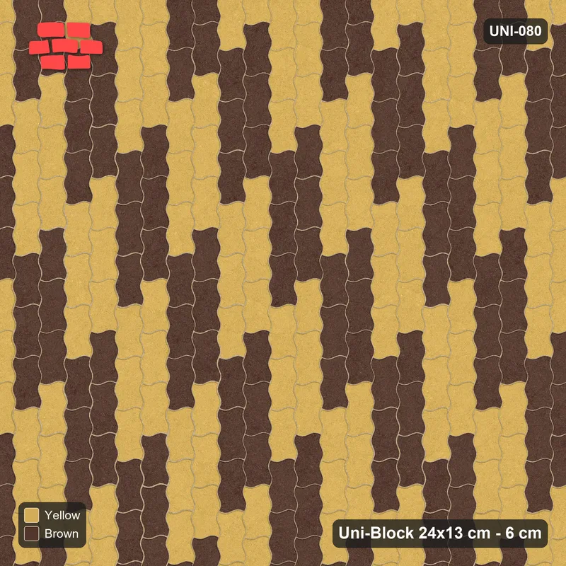 Interlock (Pasco) 24x13 cm · UNI-080 · Checkerboard of 3x2 piece blocks, quarter-turn lay, kerb frame (Harvest) · Top view Interlock (Pasco) 24x13 cm · UNI-080 · Checkerboard of 3x2 piece blocks, quarter-turn lay, kerb frame (Harvest) · Top view