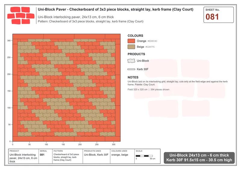 Interlock (Pasco) 24x13 cm · UNI-081 · Checkerboard of 3x3 piece blocks, straight lay, kerb frame (Clay Court) · Laying plan