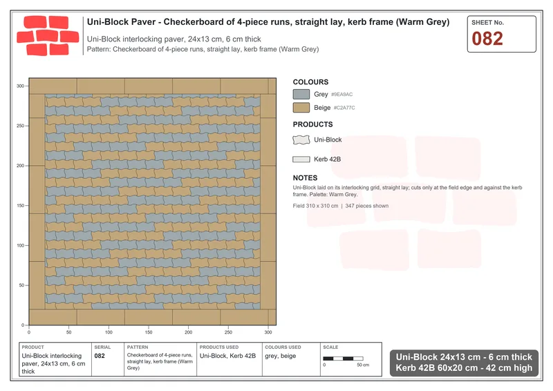 Interlock (Pasco) 24x13 cm · UNI-082 · Checkerboard of 4-piece runs, straight lay, kerb frame (Warm Grey) · Laying plan