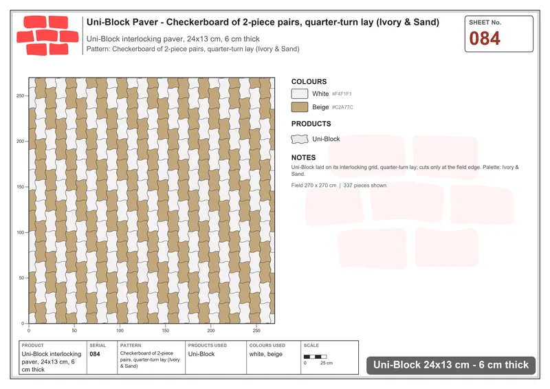 Interlock (Pasco) 24x13 cm · UNI-084 · Checkerboard of 2-piece pairs, quarter-turn lay (Ivory & Sand) · Laying plan