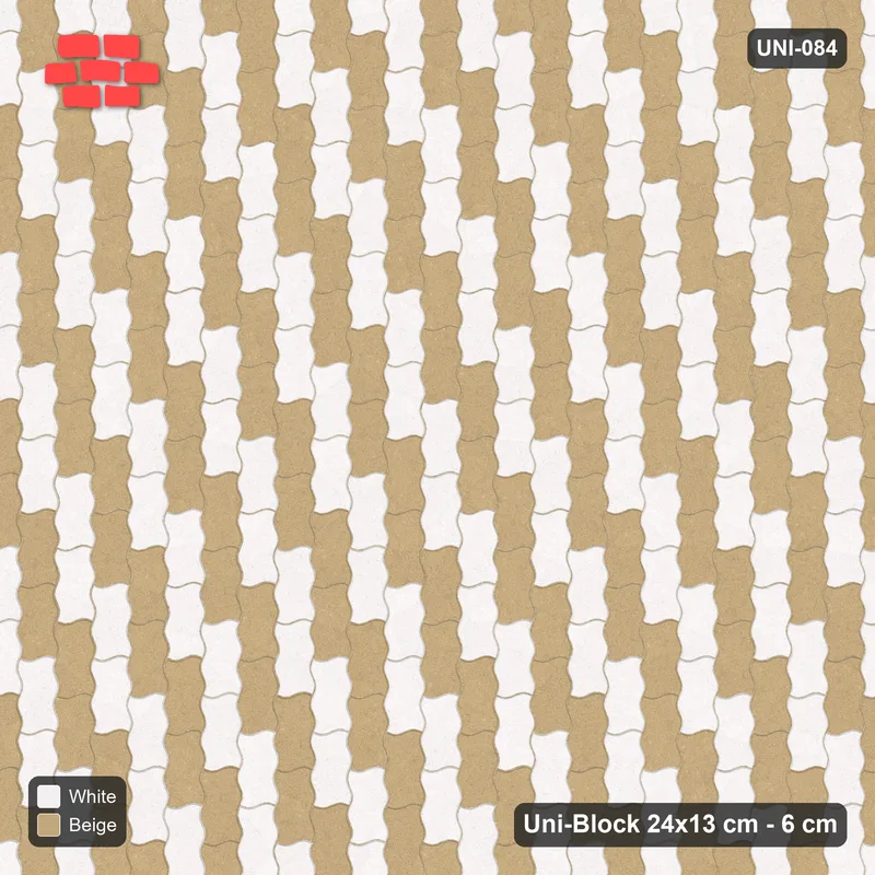 Interlock (Pasco) 24x13 cm · UNI-084 · Checkerboard of 2-piece pairs, quarter-turn lay (Ivory & Sand) · Top view Interlock (Pasco) 24x13 cm · UNI-084 · Checkerboard of 2-piece pairs, quarter-turn lay (Ivory & Sand) · Top view